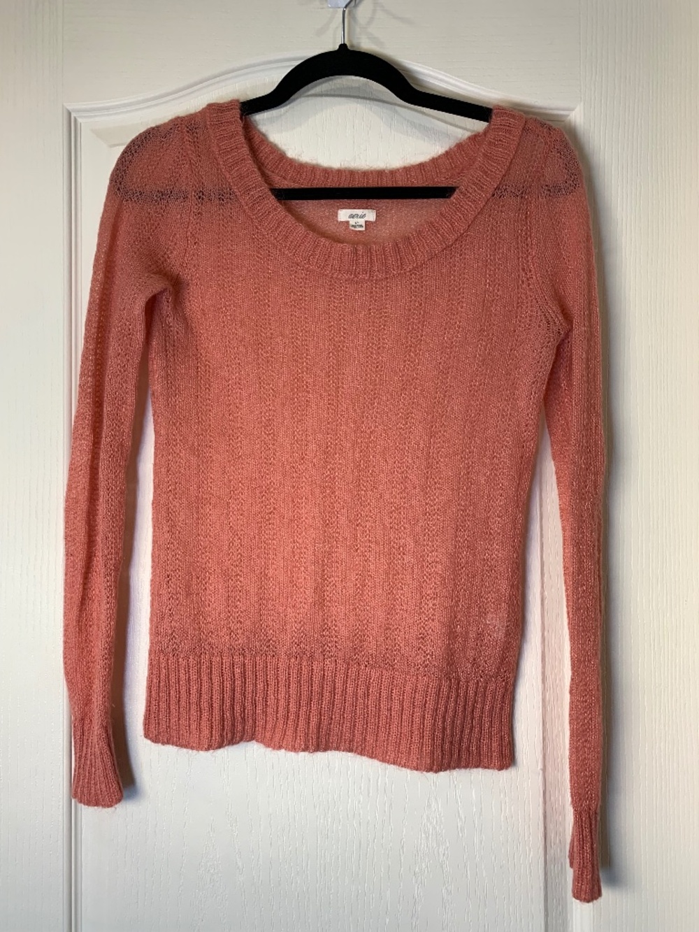 Aerie Sheer Coral Peach Mohair Blend Sweater Soft Lightweight Long Sleeve Small